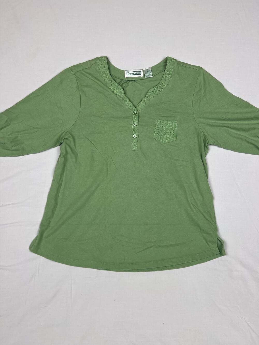 Extra Shenanigans Green Lace Trim Henley Pocket Top 2X